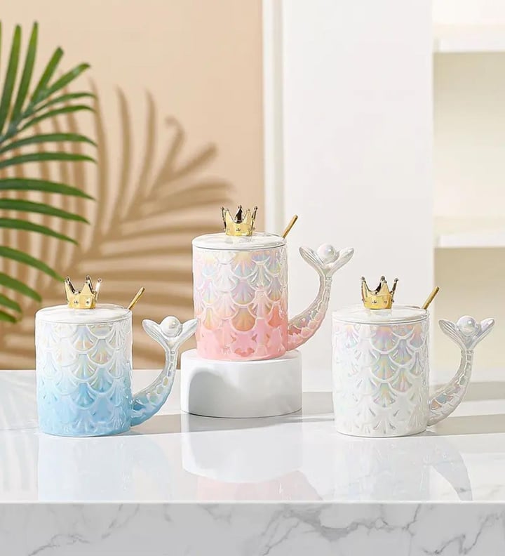 Deniz Kızı Taç Desenli Seramik Kupa